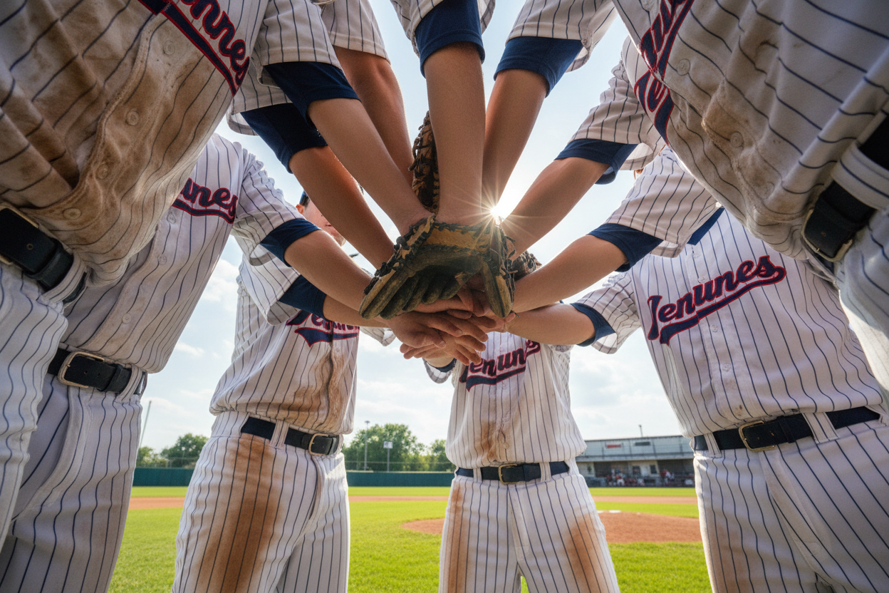 baseball team hands huddle